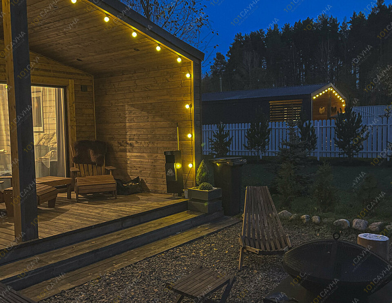 Баня Баня Форест, в Санкт-Петербурге, Приозерский р-н, дер. Борисово, ул. Дачная, 88 | Баня Форест ночью — уютная атмосфера среди леса | 101sauna.ru