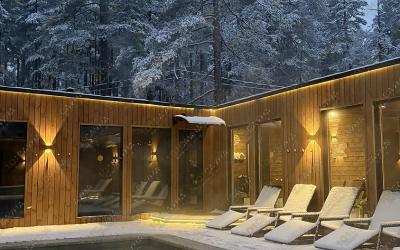 Банный SPA комплекс Форест Лейк Банный СПА-комплекс, в Санкт-Петербурге, ш. Скандинавия, 77 км | Открытый бассейн Форест Лейк вечером в окружении заснеженного леса | 101sauna.ru