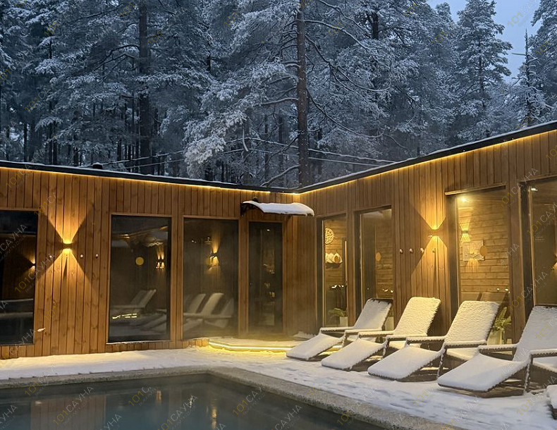 Банный SPA комплекс Форест Лейк Банный СПА-комплекс, в Санкт-Петербурге, ш. Скандинавия, 77 км | Открытый бассейн Форест Лейк вечером в окружении заснеженного леса | 101sauna.ru